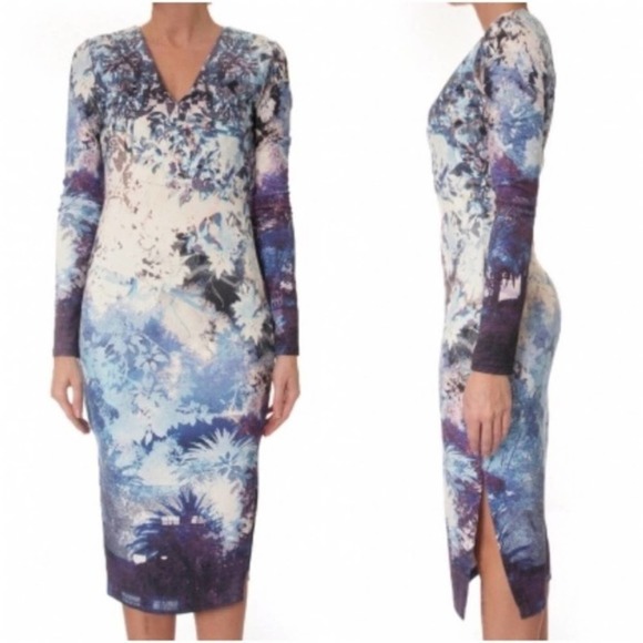 Revolve Talulah Midi Dress Watercolor Winter Falling Snowflake Bodycon Size L - Picture 2 of 11